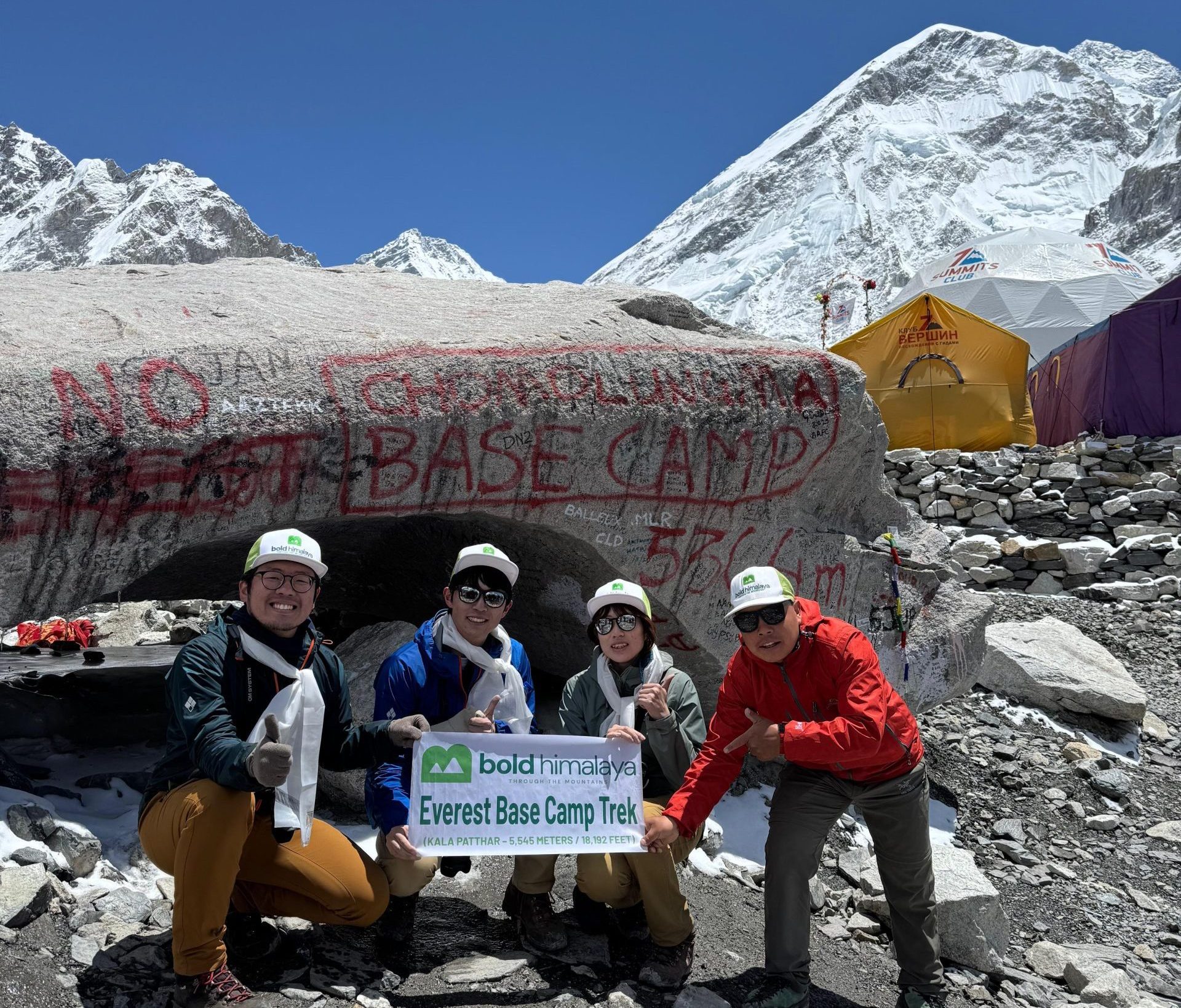 Trekkers posing at Everest Base Camp with expedition tents and snow-covered Himalayan peaks in the background, showcasing one of the best treks in Nepal 2026