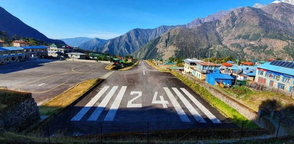 Plane landing at Lukla Airport, one of the first things to see on Everest Base Camp trek in the Himalayan mountains of Nepal