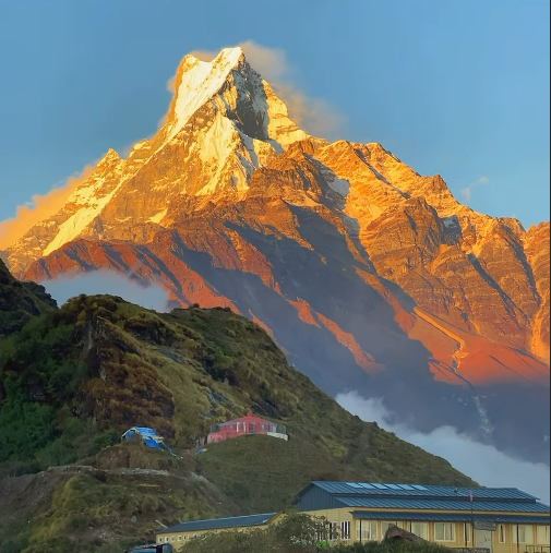 Mardi Himal Trek sunset view with Machhapuchhre peak illuminated by golden light in Nepal Himalayas-best treks in nepal