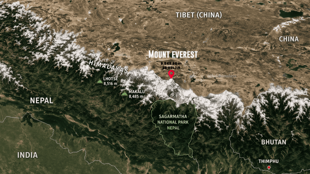 satellite map showing mount everest and nearby countries including nepal tibet india and bhutan