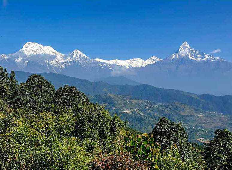 Snowy peak of Annapurna I and Dhaulagiri mountain ranges
