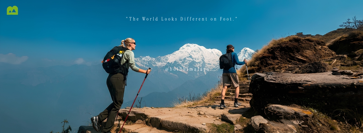 Trekkers trekking along a scenic Himalayan trekking trail.