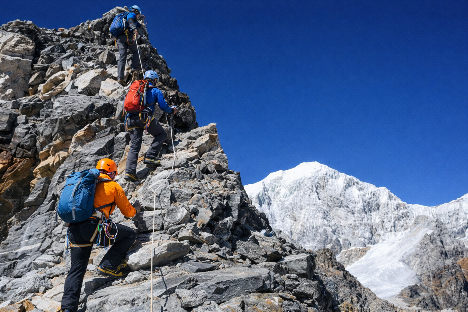 Climbers ascending a steep rocky section during the Yala Peak Expedition in Nepal’s Langtang region under clear Himalayan skies.