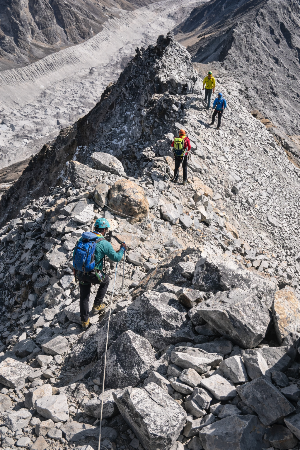 Five climbers roped together ascending a narrow rocky ridge on Yala Peak in Langtang Valley, Nepal, during a high-altitude Himalayan expedition.