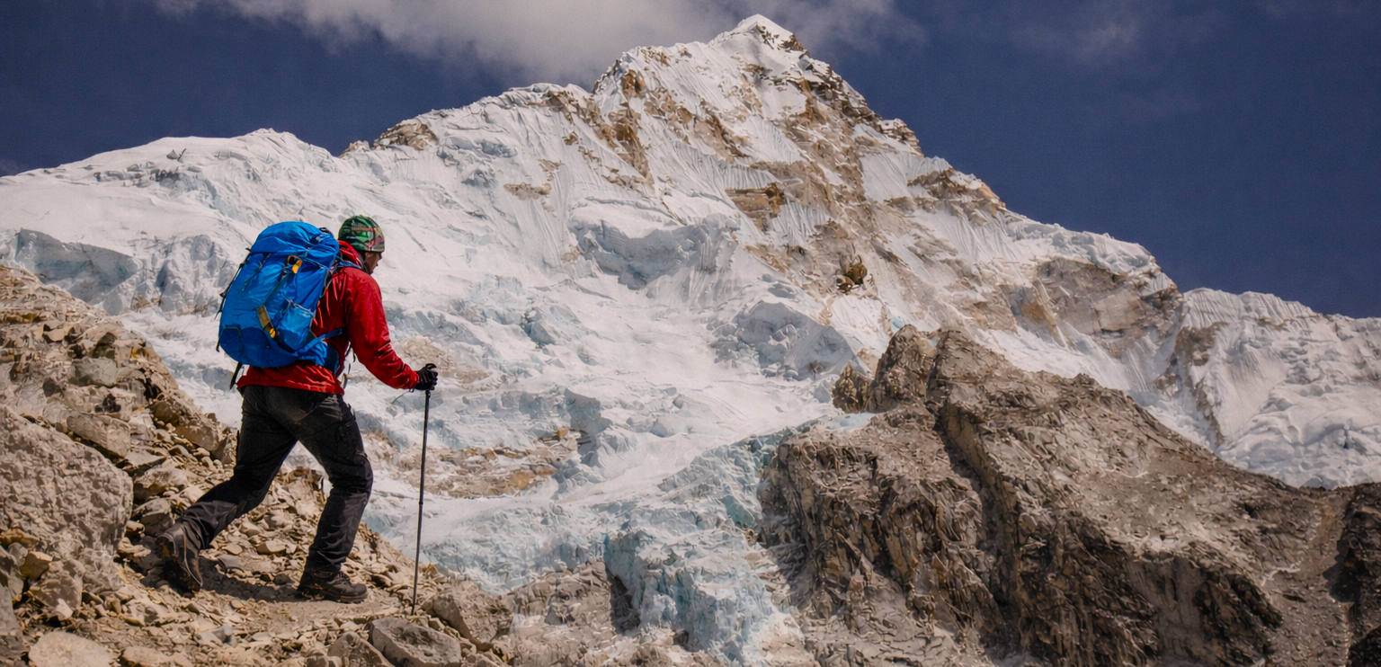 A Sherpa mountaineer traverses a rocky Himalayan trail, showcasing the strength and resilience of the Sherpas