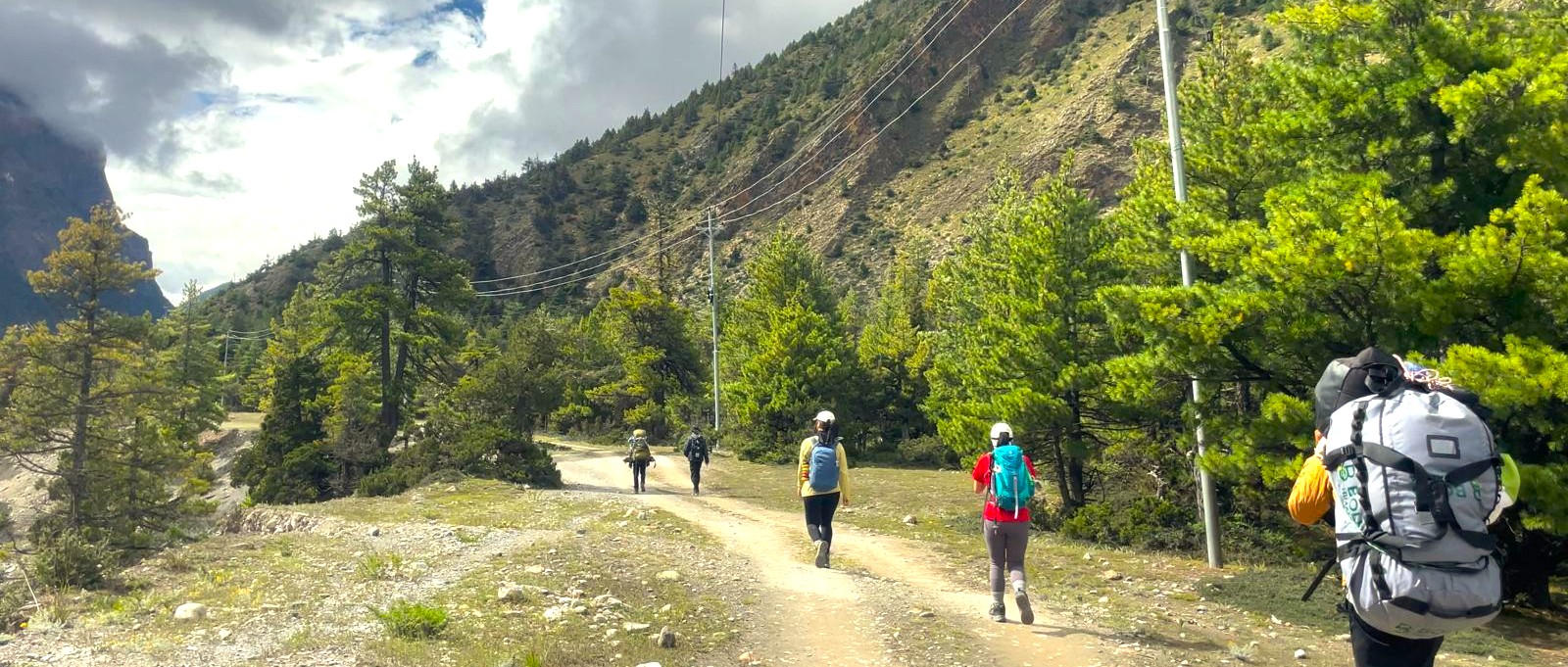 Trekkers hiking uphill on a lush green mountain trail during the monsoon season, representing monsoon treks in Nepal