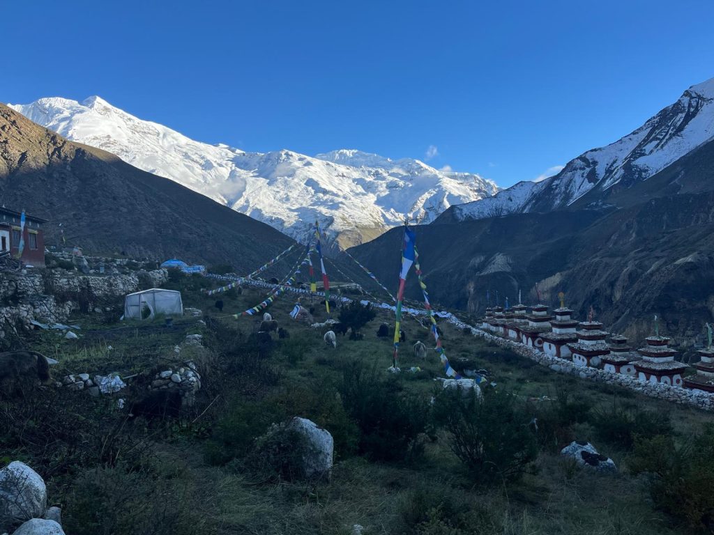 Mani walls with Tibetan prayer inscriptions and Himalayan mountains in things to know before going to Nar Phu Valley Trek