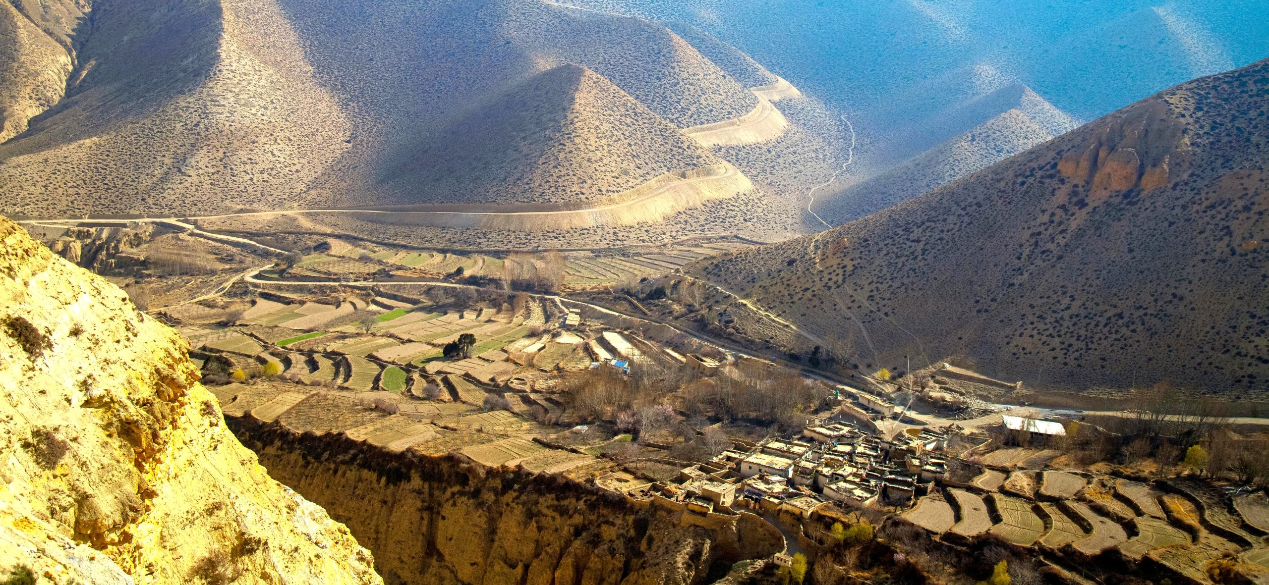 Traditional villages of Upper Mustang in Nepal and the trans-Himalayan desert landscape