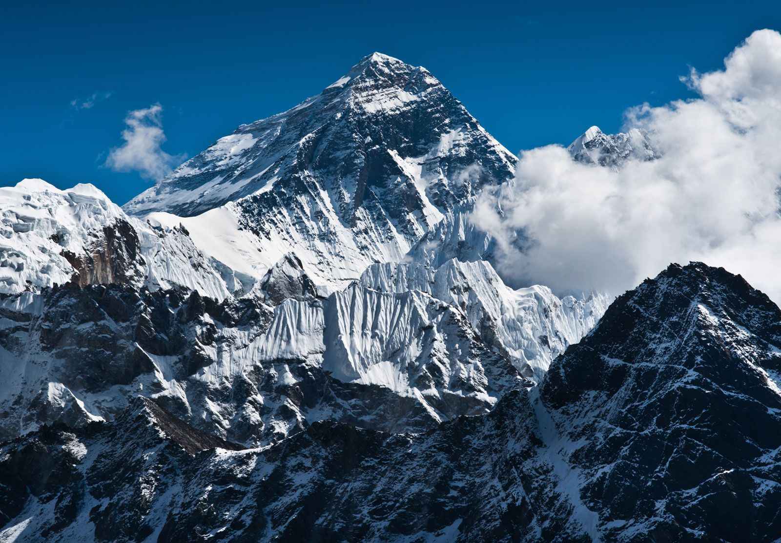 Snow-covered Mount Everest viewed from the Everest Base Camp Trek by Road under a clear blue sky.