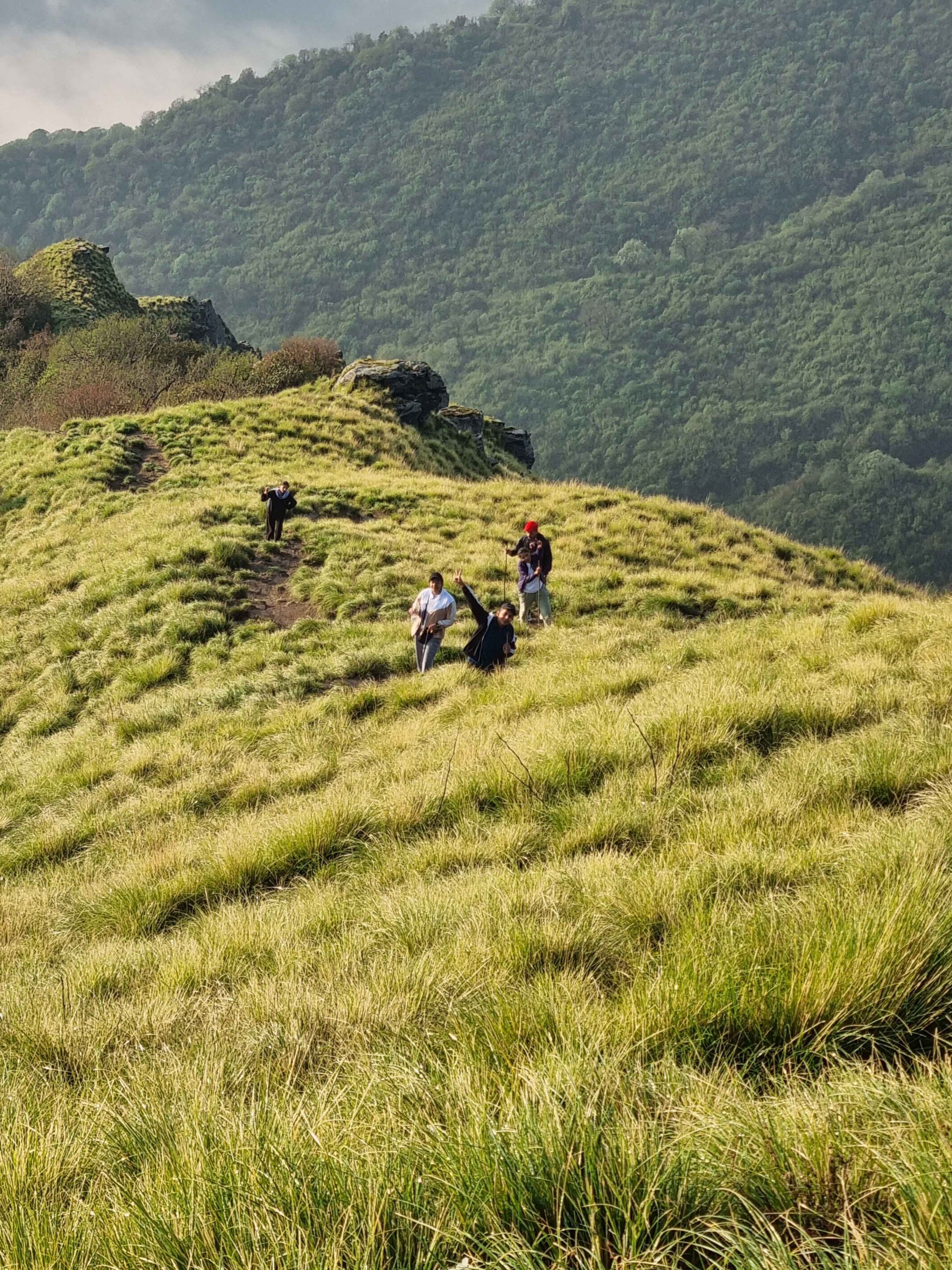 Group of trekkers walking uphill on a grassy ridge surrounded by rolling green hills and scenic landscapes in Nepal.