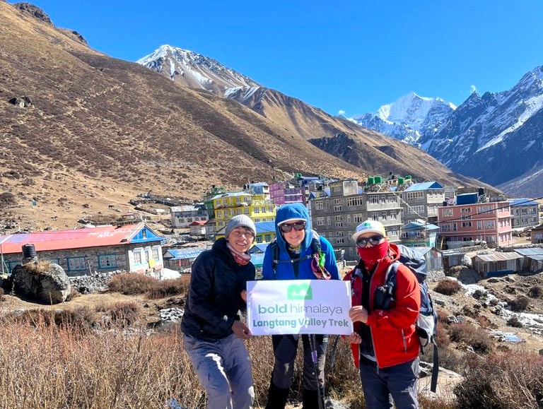 Things to know before going to Langtang Valley Trek: group of trekkers capturing a photo with a banner