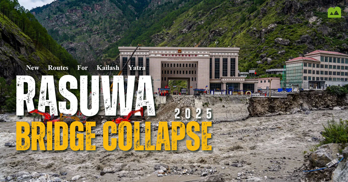 Rasuwagadhi Bridge collapse after the 2025 flood, disrupting the Nepal-Tibet border crossing and Kailash Mansarovar route.