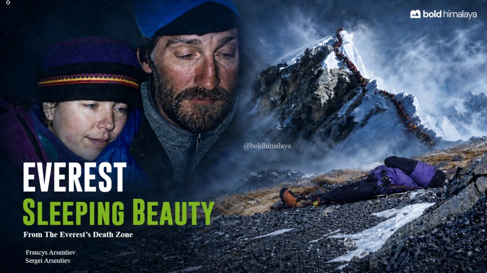 Sleeping Beauty of Mount Everest showing the silhouette of a resting figure along the snowy ridgeline