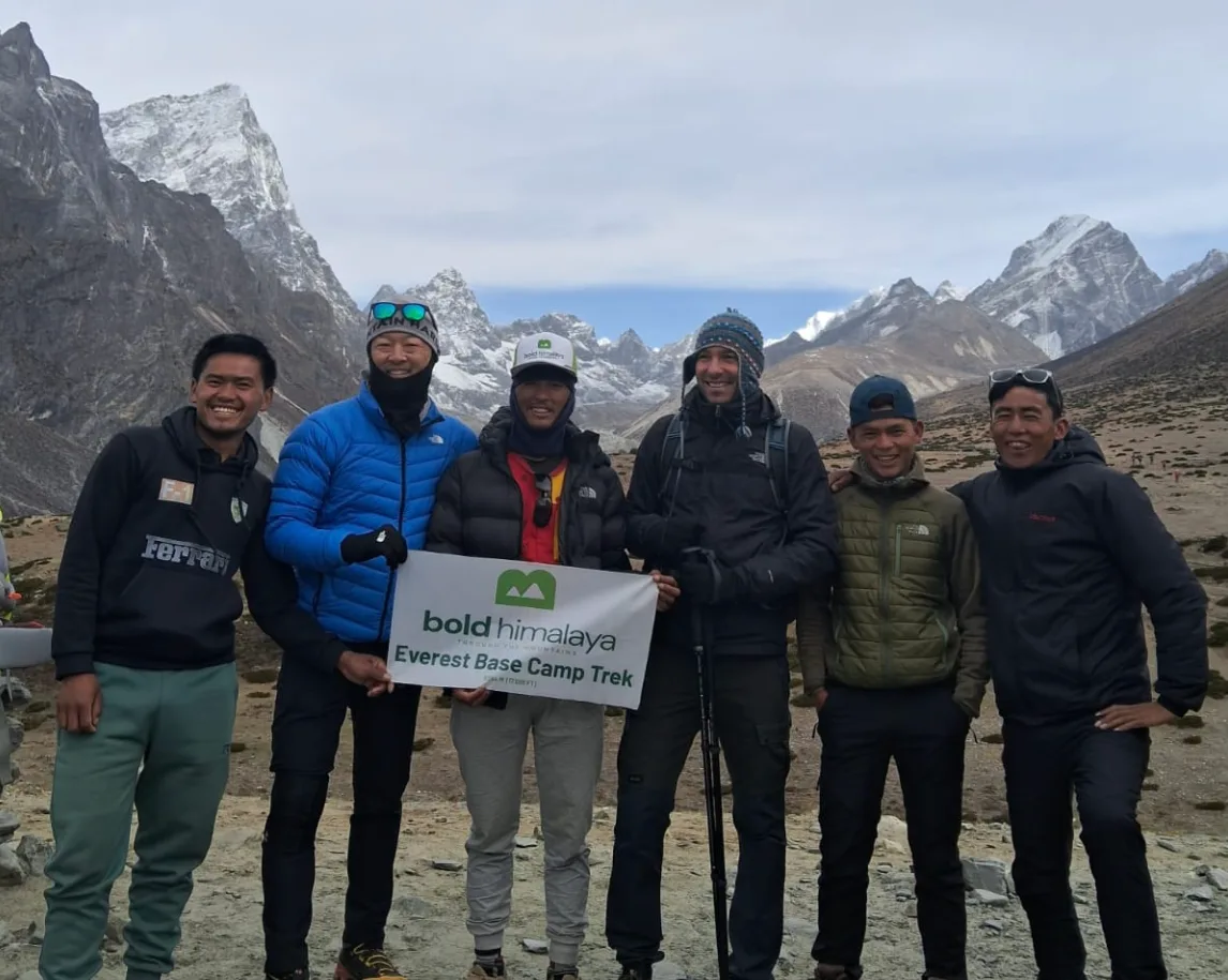 Adventure trekkers on the Dingboche–Lobuche trail during the Everest Base Camp Trek 15 days, Nepal Himalayas