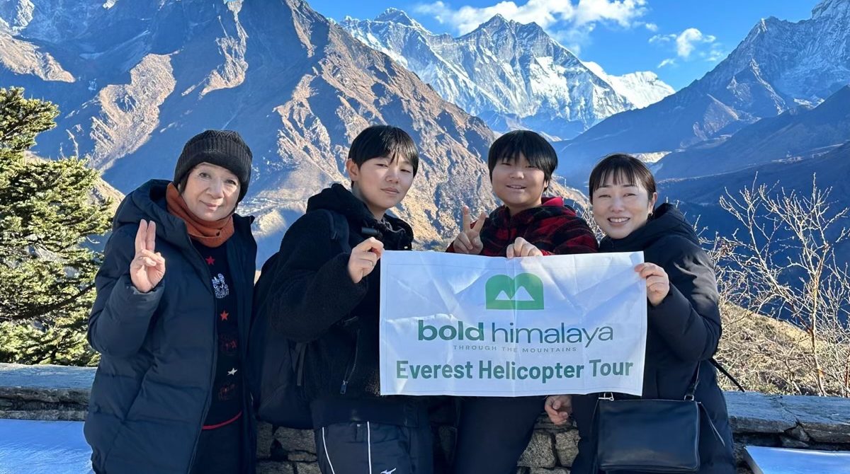 Bold Himalayas team taking a group photo at Everest View Hotel after an Everest Base Camp helicopter tour.-Everest Base Camp Trek Costs