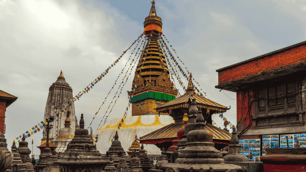 Swayambhunath Stupa Monkey Temple with prayer flags overlooking Kathmandu Valley Nepal