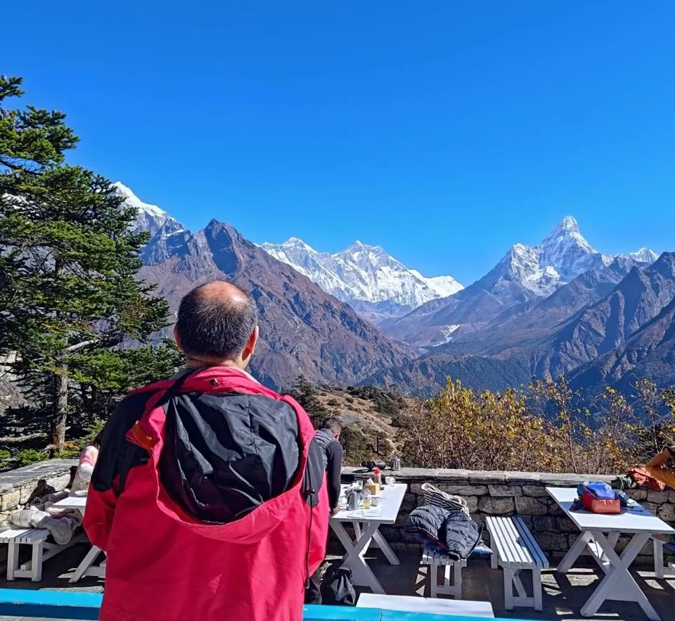 Enjoying Breathtaking views from Everest View Hotel (3,880m / 12,729ft) with the Himalayas in the backdrop during Everest Base Camp Trek 15 Days