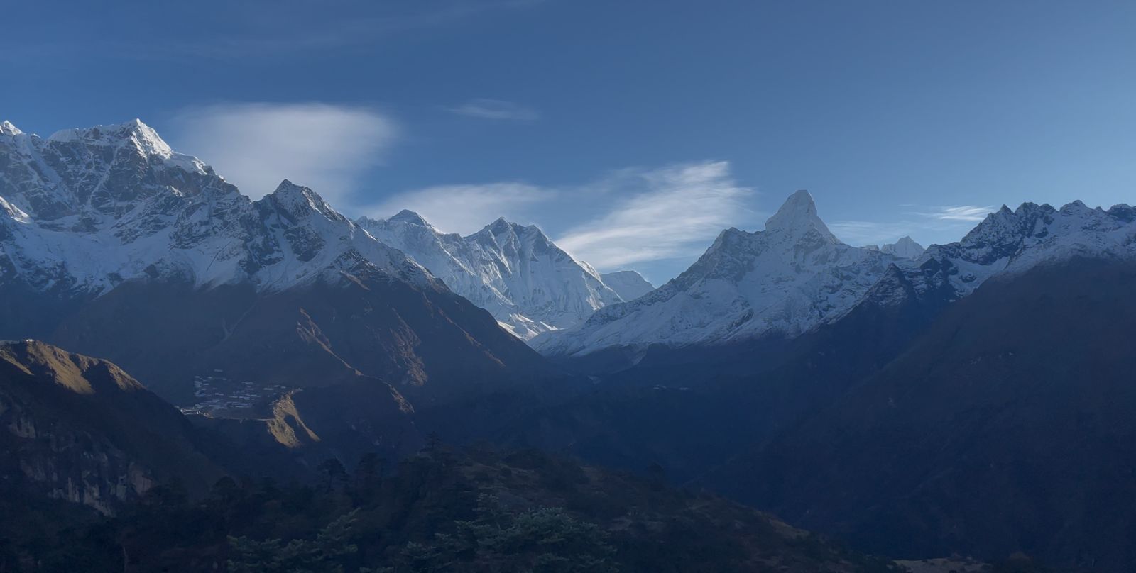 Panoramic view of Mount Everest, Lhotse, and Khumjung Village from Everest View Trek.