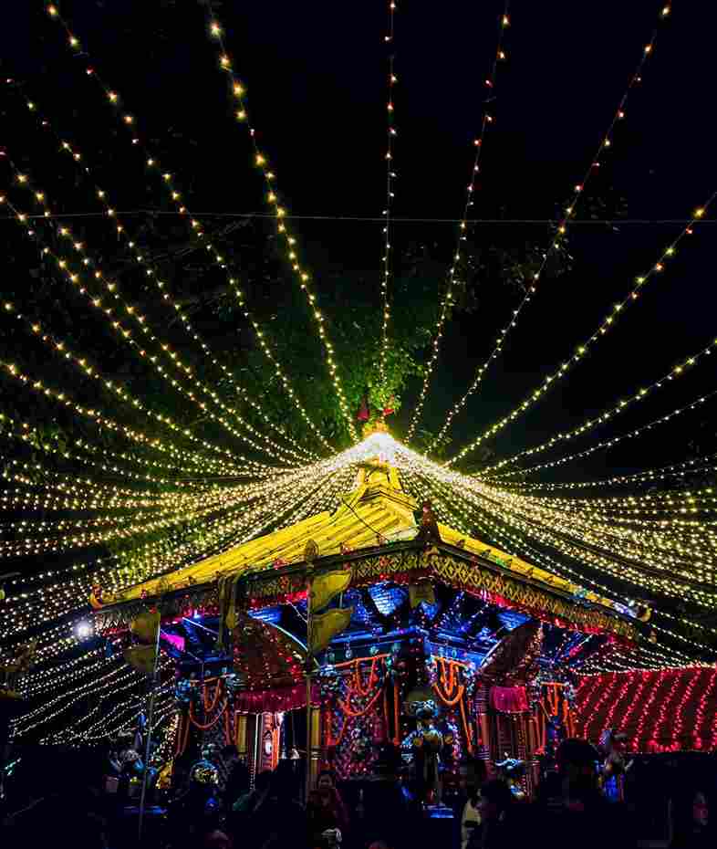 Maitidevi Temple decorated with lights and flowers during Tihar in Kathmandu, Nepal.