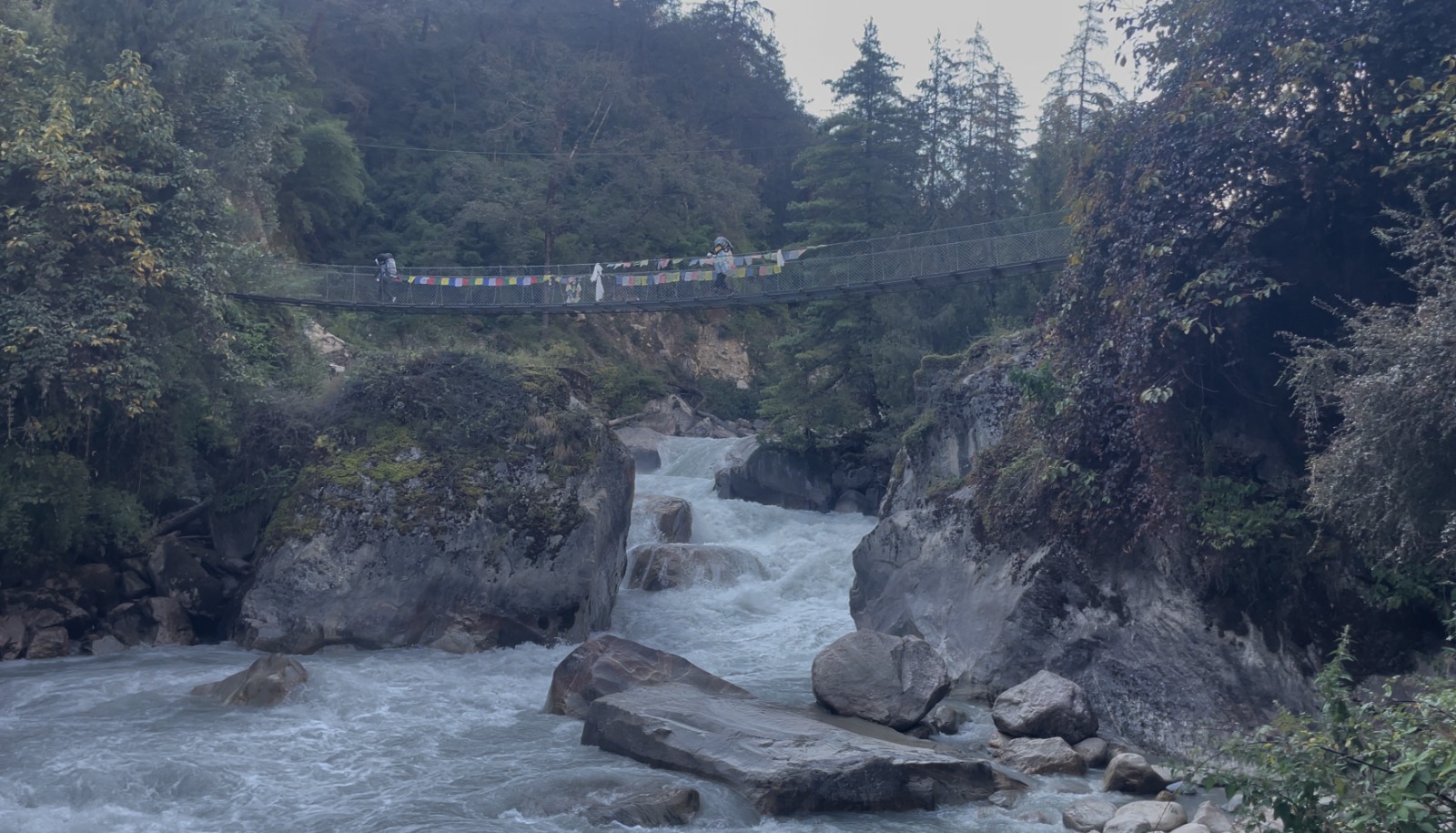 Trekkers crossing a suspension bridge on the Manaslu Circuit Trek Larke La Pass