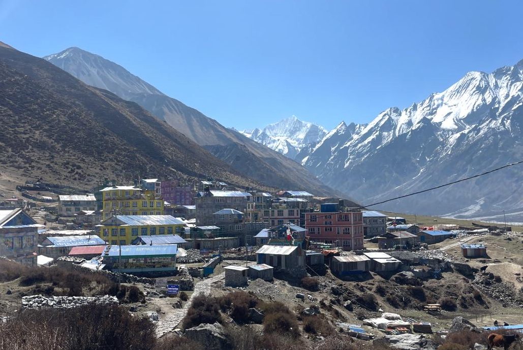 View of Langtang Valley, Langtang Himalaya mountains, and Langtang Village in Nepal.