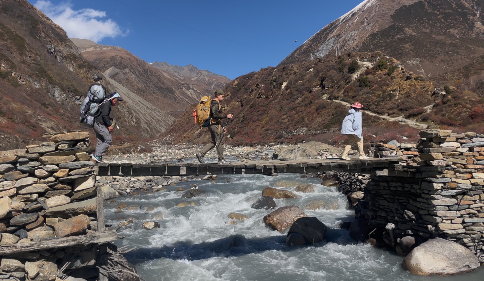 Trekkers crossing a wooden bridge on the Manaslu Circuit Trek Larke La Pass