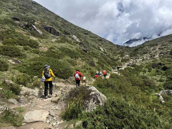 Trekkers walking along a lush, green mountain trail on the Everest Base Camp Trek route to Dingboche during the monsoon season.