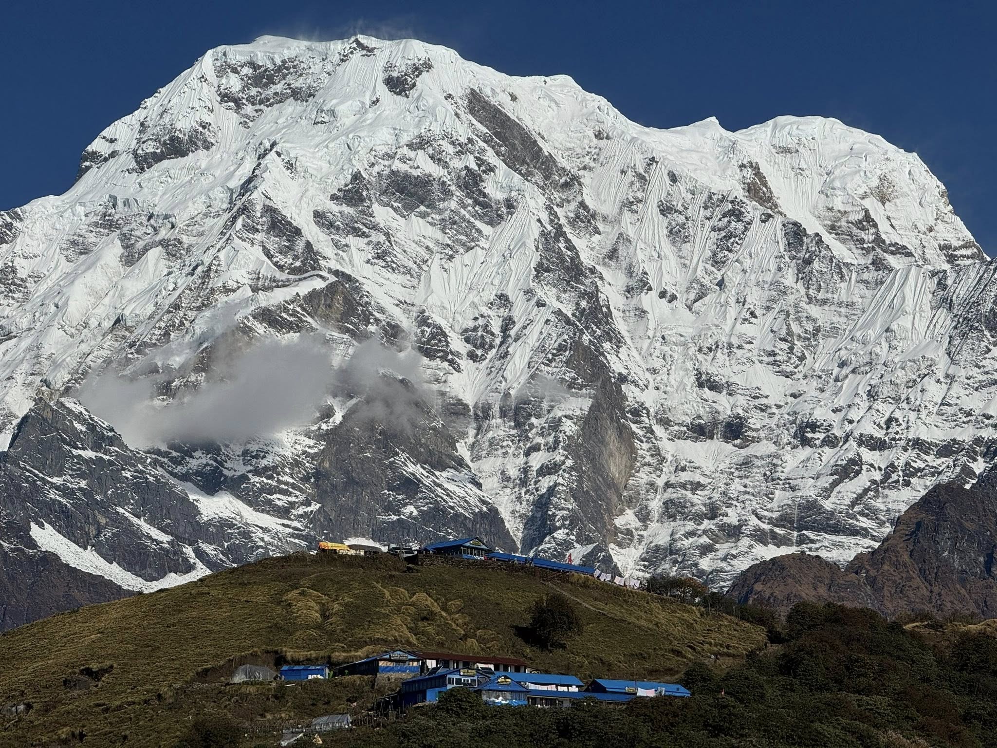 Mardi Himal Base Camp 5 Day Trek From Pokhara showing High Camp ridge with Annapurna South south face in the background