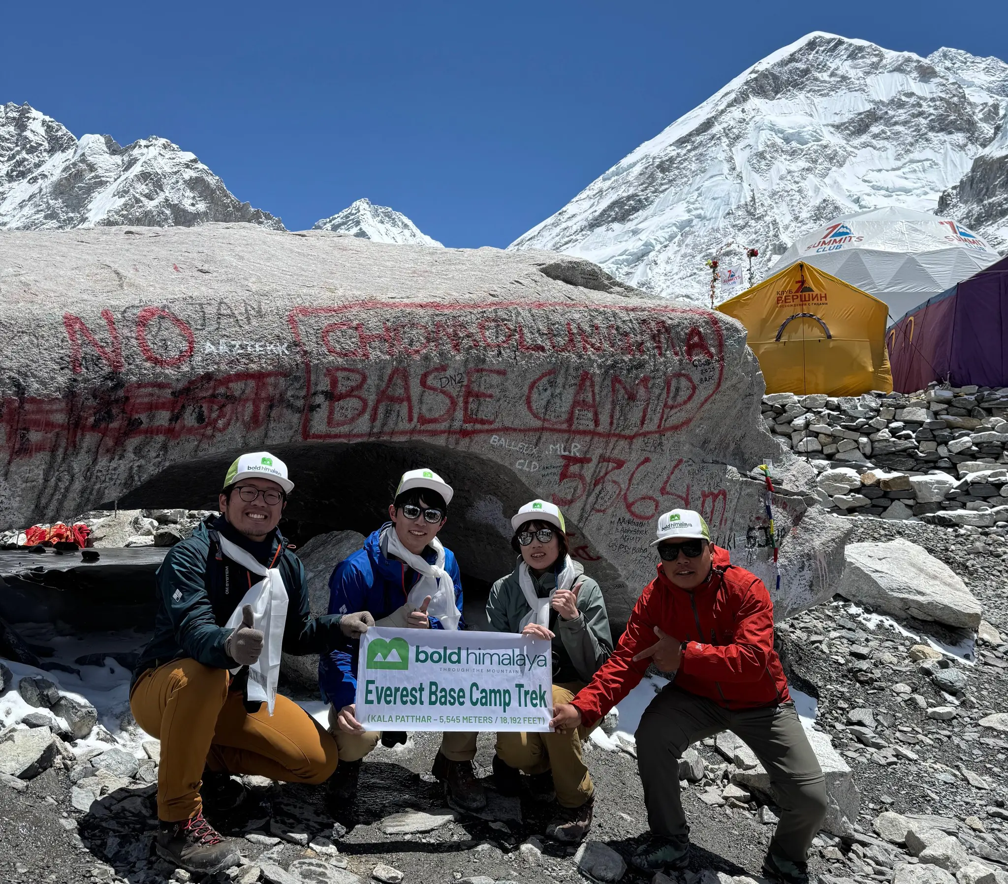 Trekkers celebrating their success at Everest Base Camp during the 15 Days Everest Base Camp Trek in Nepal.