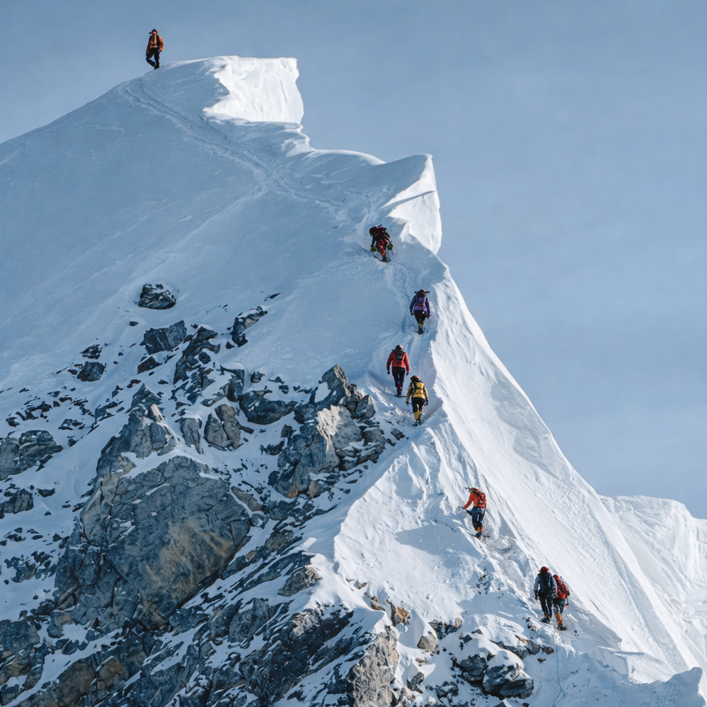 A small group of mountaineers climbing a sharp, snow-covered summit ridge on Mount Everest with steep rocky slopes below.