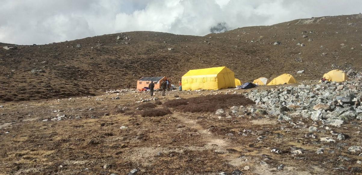 Yellow expedition tents set up at Yala Peak base camp in Langtang Valley, Nepal, during a Yala Peak climbing expedition.