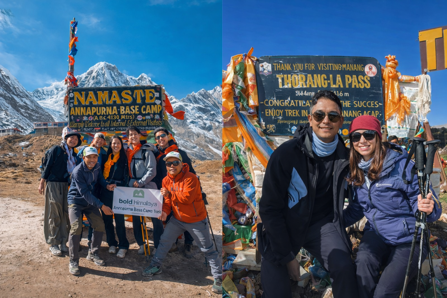 Trekkers posing at Annapurna Base Camp sign and Thorong La Pass during the Annapurna Base Camp Trek vs Annapurna Circuit Trek in Nepal.