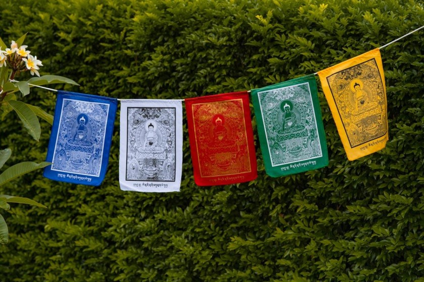 Colorful Buddhist prayer flags with Buddha prints hanging outdoors against green foliage background