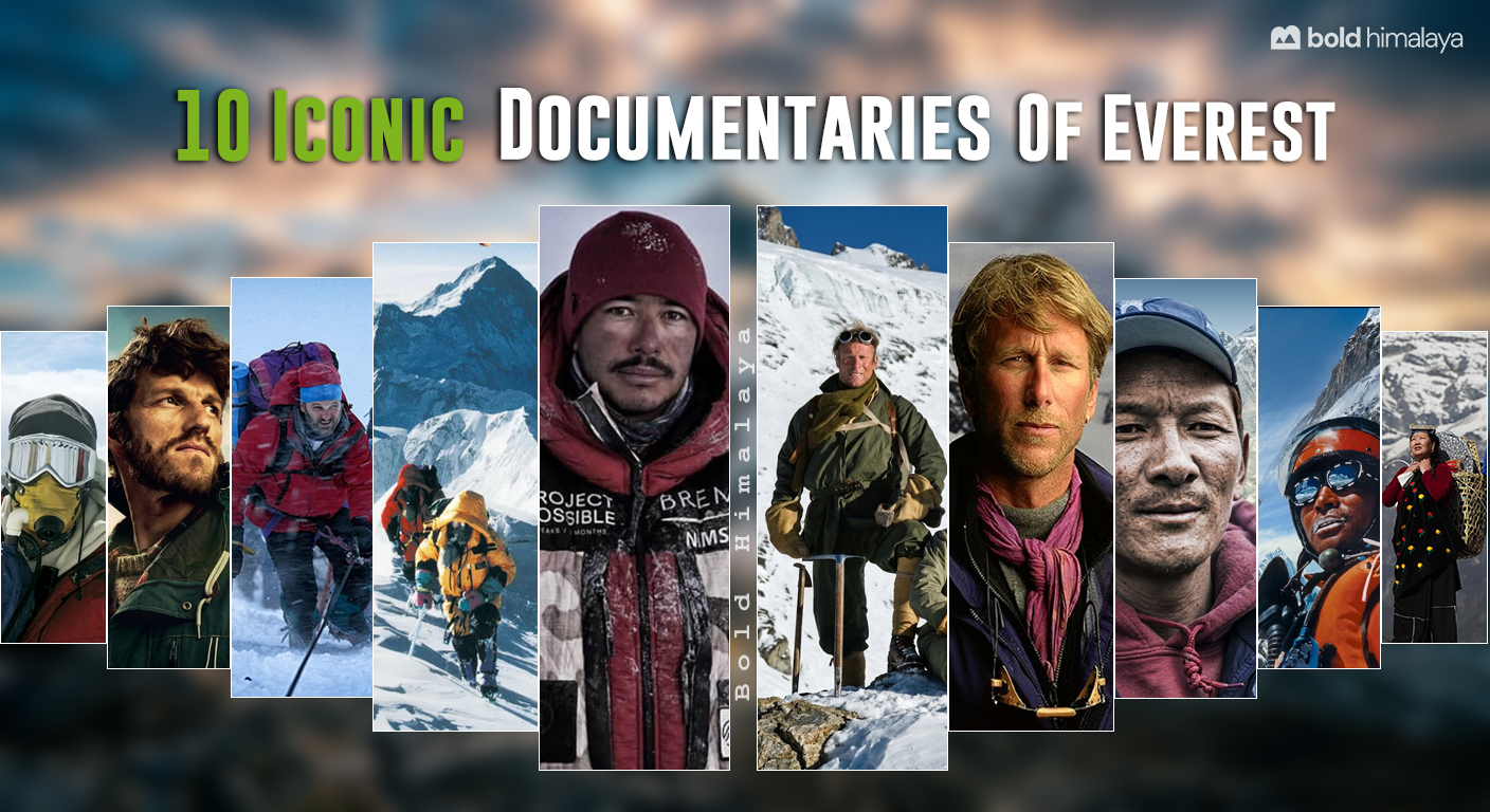 A collage featuring famous Everest climbers, Sherpas, and mountaineers from iconic Mount Everest documentaries