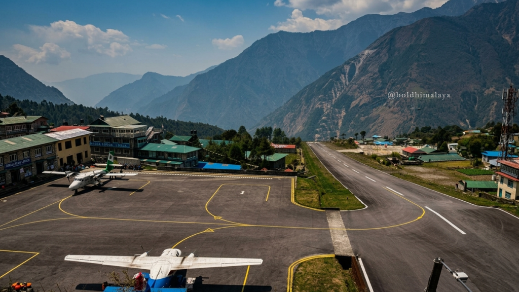 Aircraft landing on the short sloped runway of Lukla Airport, surrounded by the Himalayan mountains in Nepal.