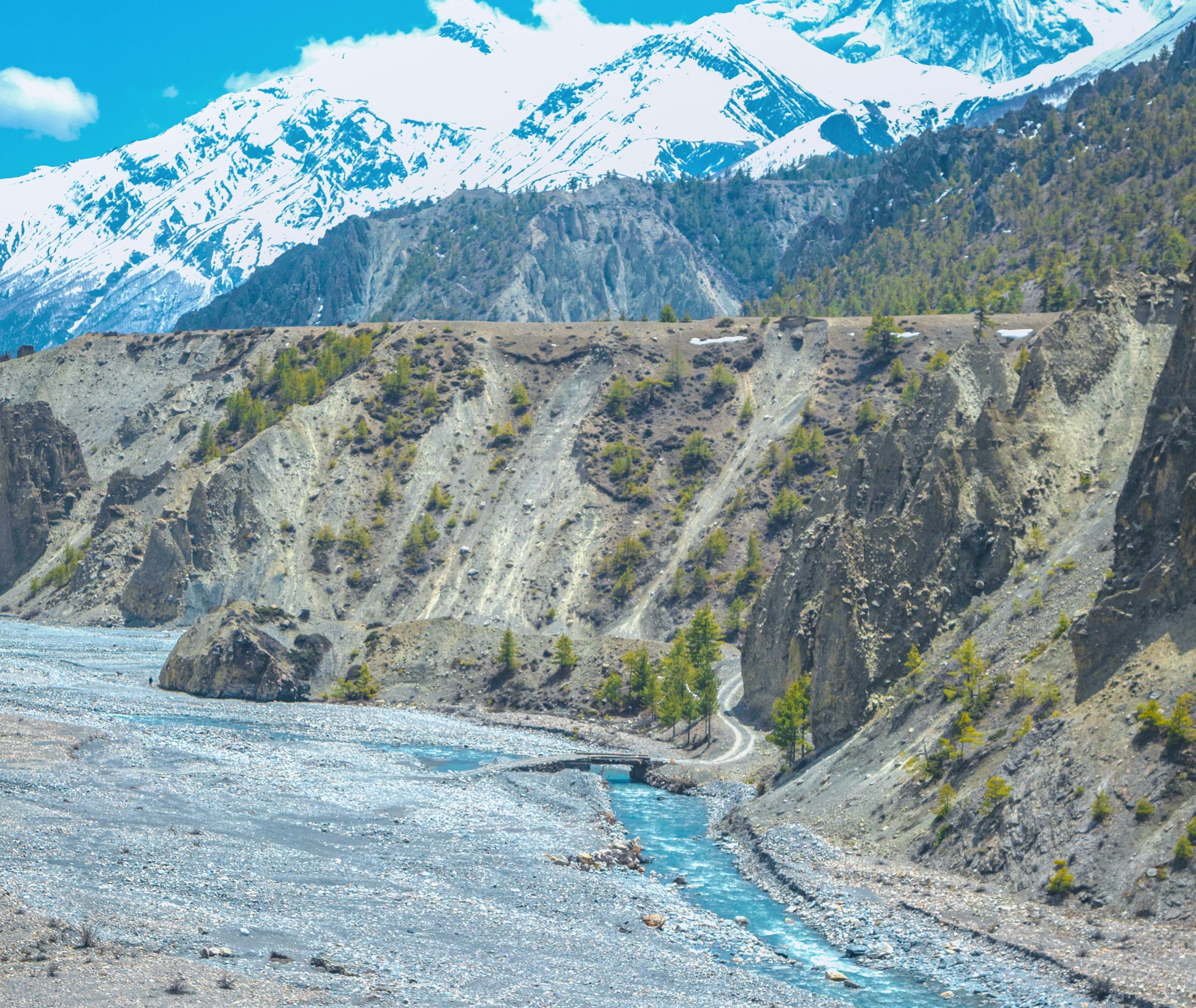 Manang Valley with Annapurna Himalaya range and Marsyangdi River in Nepal.