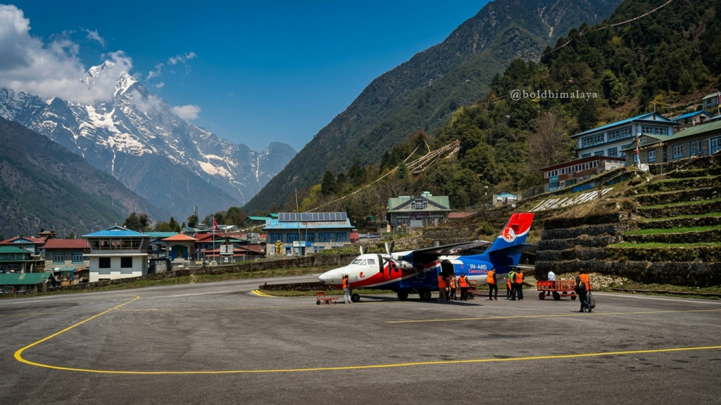 Ground staff are working near the aircraft, highlighting active flight operations in Lukla Airport