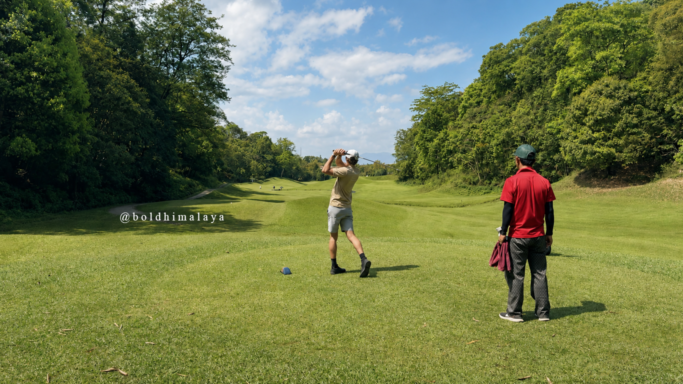 Golfer taking a shot during a golf tour in Nepal