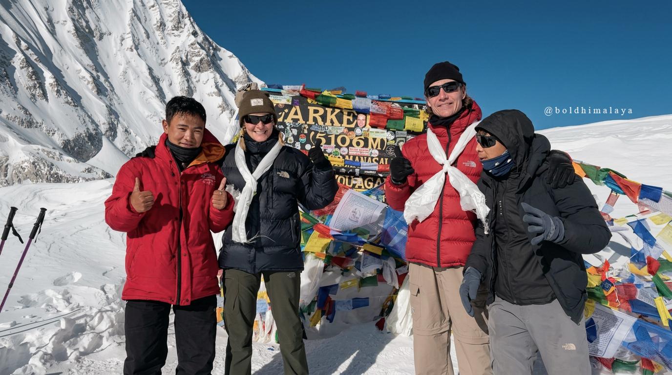 Trekkers taking pictures at Larkya La Pass , the highest point of 11 days Manaslu Circuit Trek