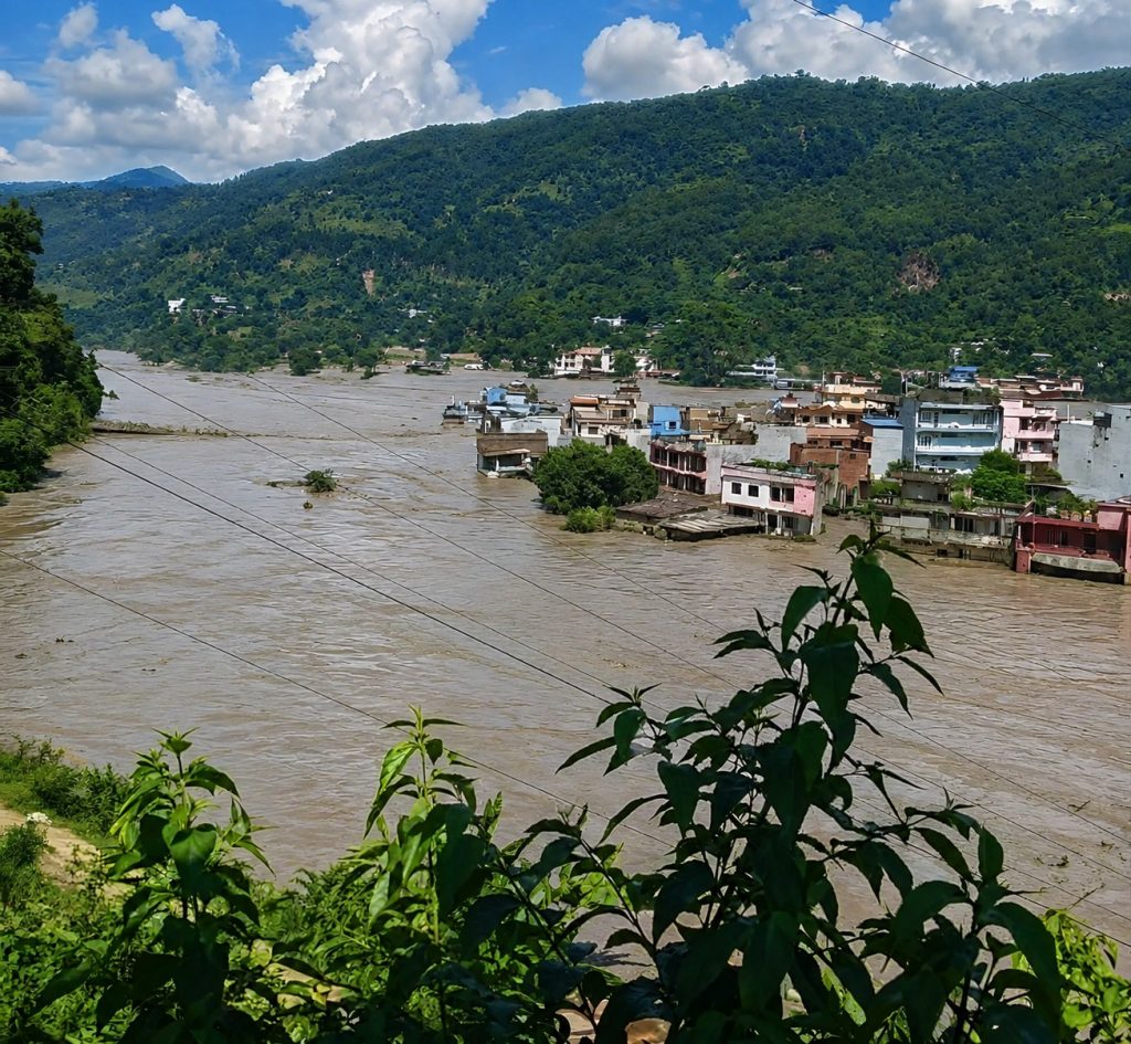 Floodwater covering areas near Rasuwa in Nepal.