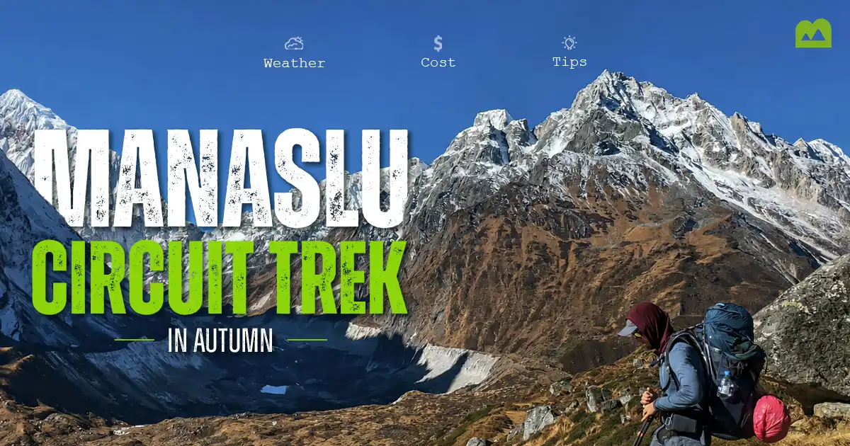Manaslu Circuit Trek with trekkers and snow-covered Himalayan mountains