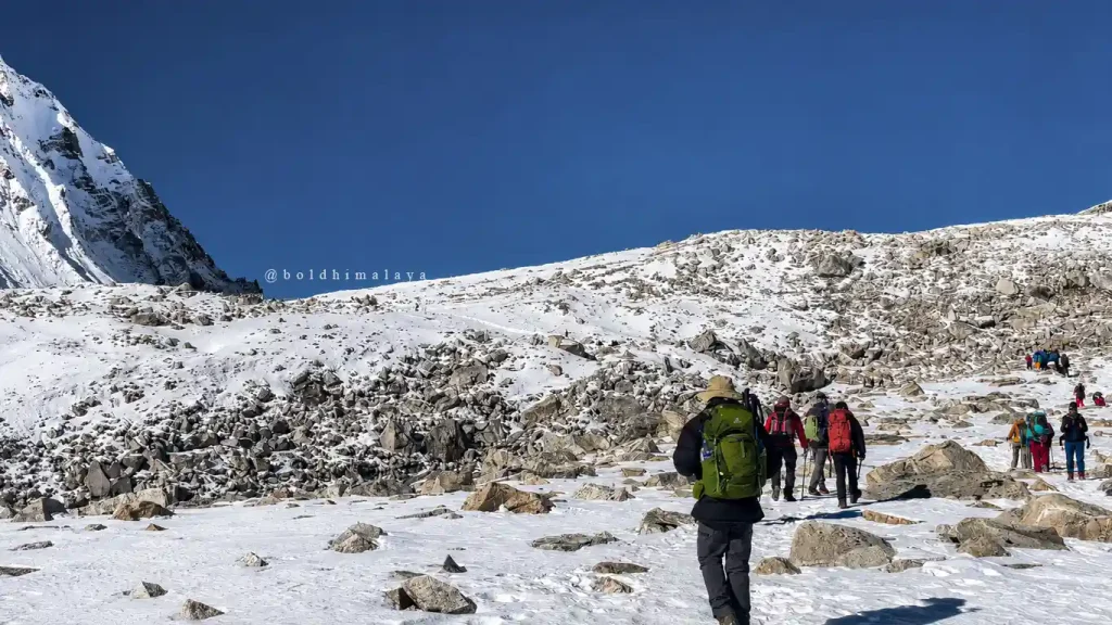 Manaslu Circuit Trek in November with trekkers walking through a snowy mountain trail