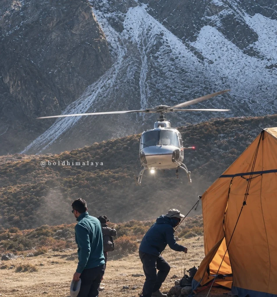 Helicopter providing emergency rescue on Manaslu Circuit Trek.
