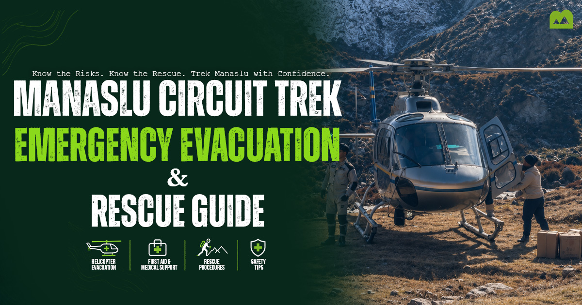 Manaslu Circuit Trek Emergency Evacuation by helicopter in the Himalayan mountains.