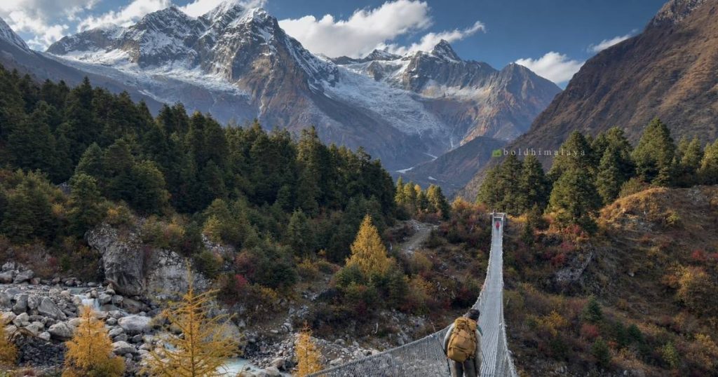 Manaslu Circuit Trek weather with snow-covered Himalayan mountains and forested trail.
