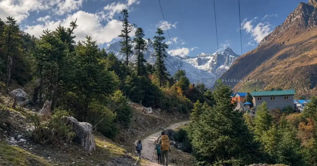 Trekkers approaching manaslu circuit with snow-capped mountains in the background.